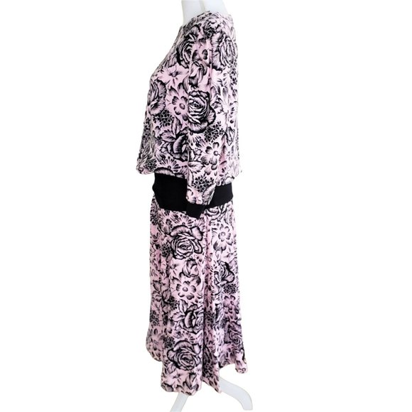 vintage 80s Pink And Black Floral Two Piece baggy Shirt / Skirt Set - Picture 7 of 11